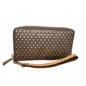 Michael Kors Brown Perforated Gold Undertone Leather Wristlet Wallet NWOT
